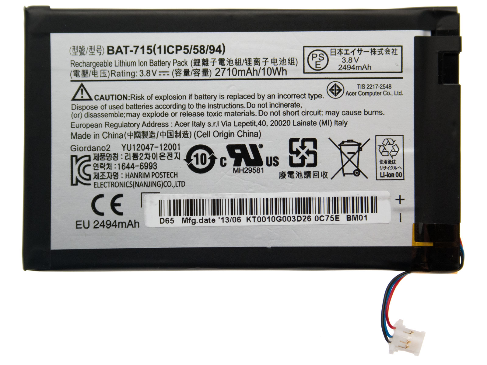 Acer Akku / Batterie / Battery 2710mAh Iconia B1-A71 Serie (Original)