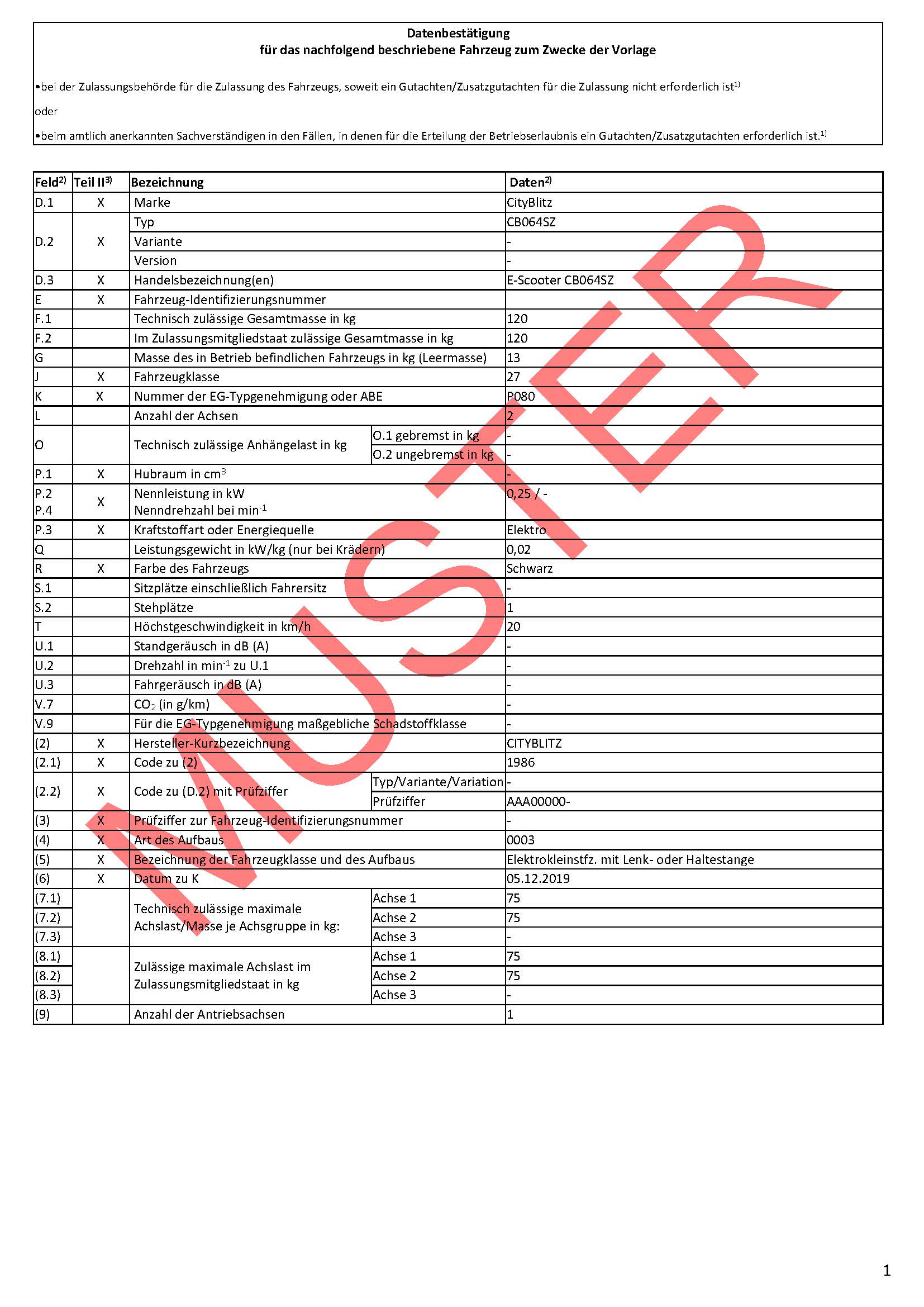 CITYBLITZ Datenbestätigung CB083SZ (Original)