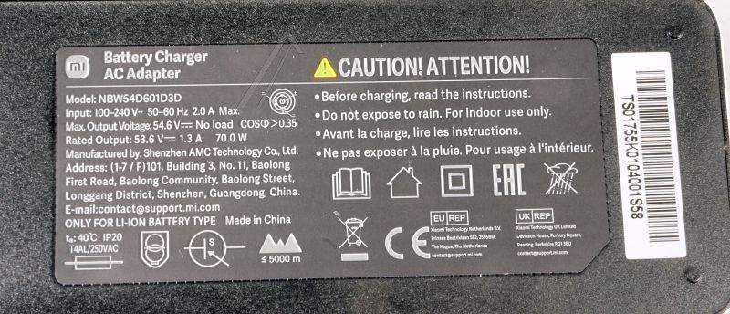 XIAOMI Electric Scooter 4 PRO 2nd Cargador (originale)